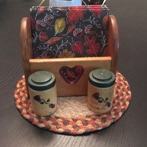 Napkin holder and salt + pepper shakers